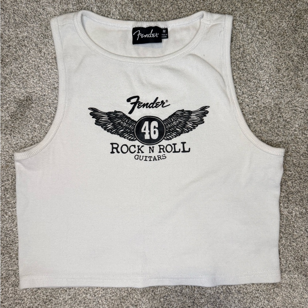 Fender White Rock N Roll Graphic Crop Tank | Medium